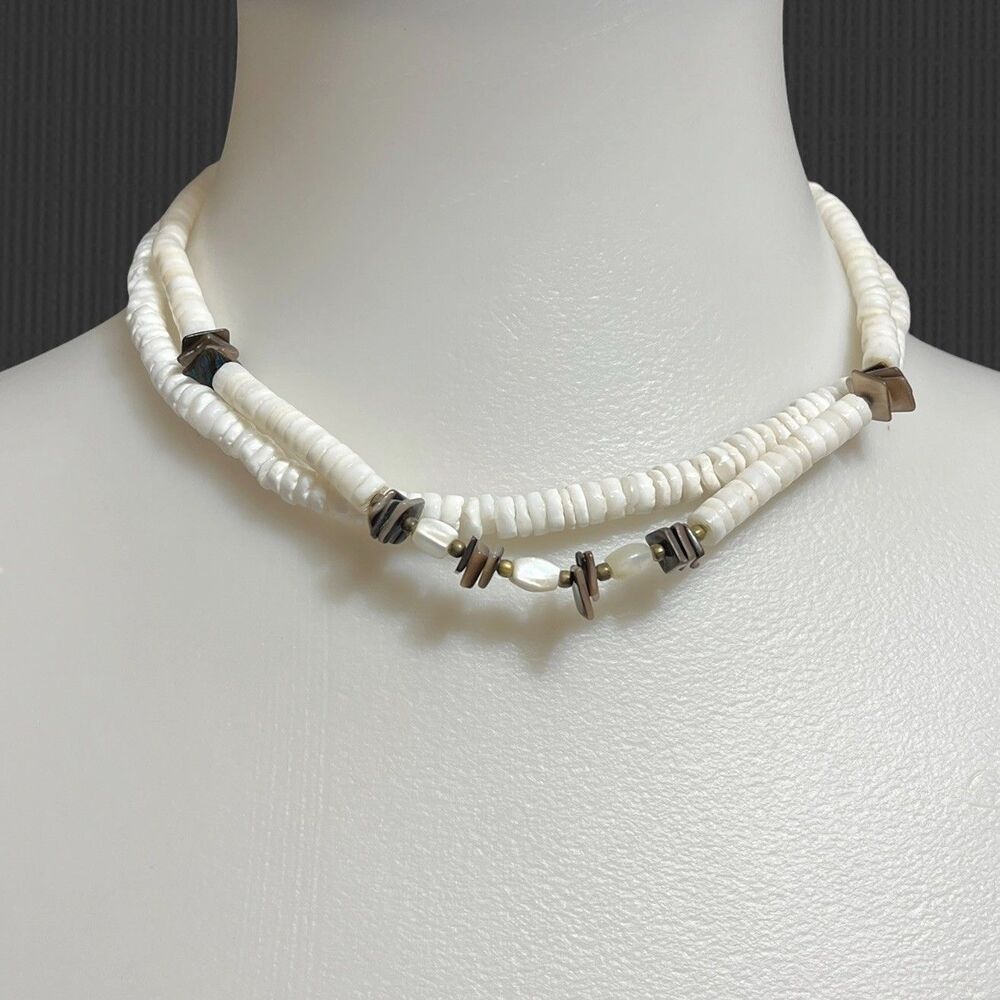 Heishi Bead Necklace Set White Brown Shell Mother of Pearl Collar Surf Beach 16"